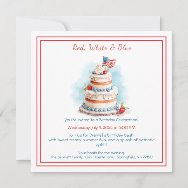 Invitation d'anniversaire aquarelle rouge blanc et (Devant)