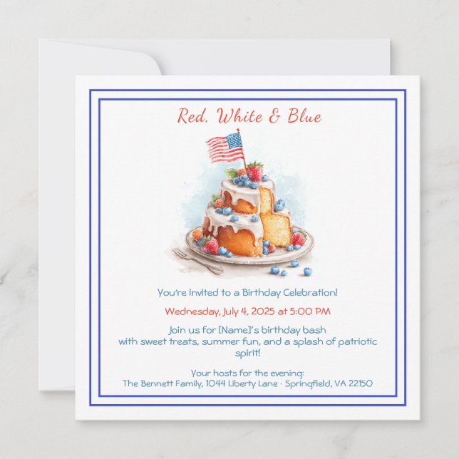 Invitation d'anniversaire aquarelle rouge blanc et (Devant)