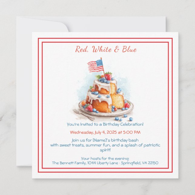 Invitation d'anniversaire aquarelle rouge blanc et (Devant)