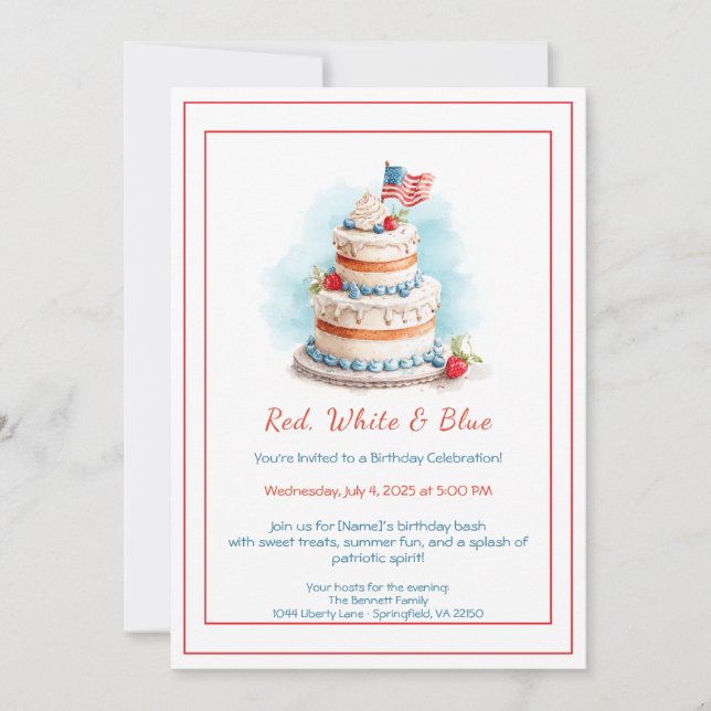 Invitation d'anniversaire aquarelle rouge blanc et (Devant)