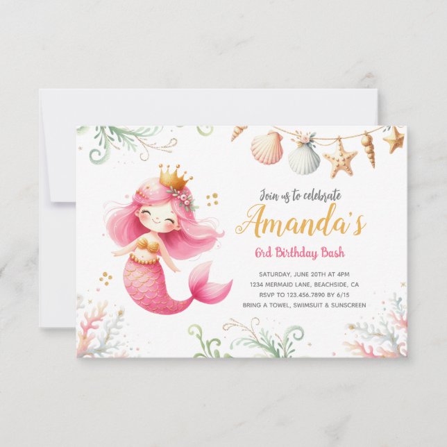 Invitation d'anniversaire aquarelle sirène (Devant)
