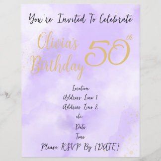 Invitation d'anniversaire aquarelle violette et or