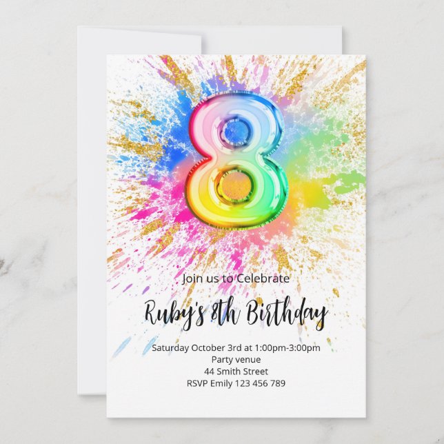 Invitation d'anniversaire arc-en-ciel 8 ans (Devant)