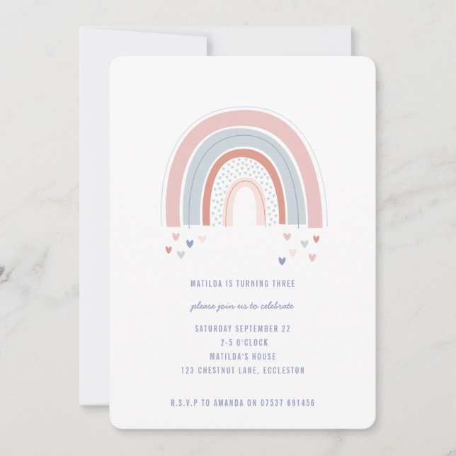 Invitation d'anniversaire arc-en-ciel dans rose vi (Devant)