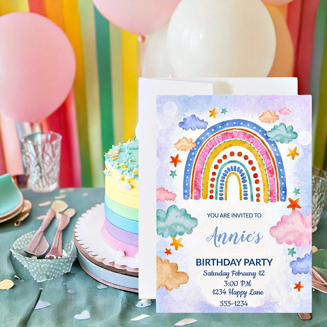Invitation d'anniversaire arc-en-ciel dessinée à l (Créateur téléchargé)