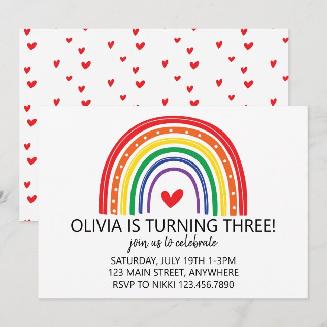 Invitation d'anniversaire arc-en-ciel et cœurs (Devant / Derrière)
