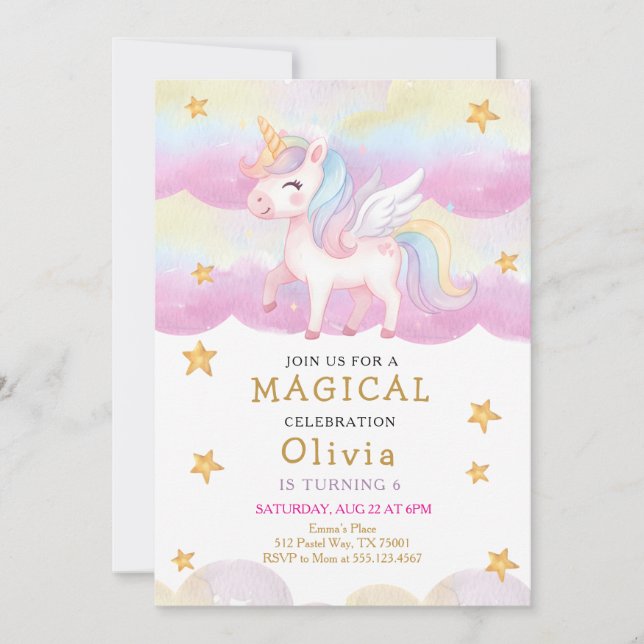Invitation d'anniversaire Arc-en-ciel Licorne Past (Devant)