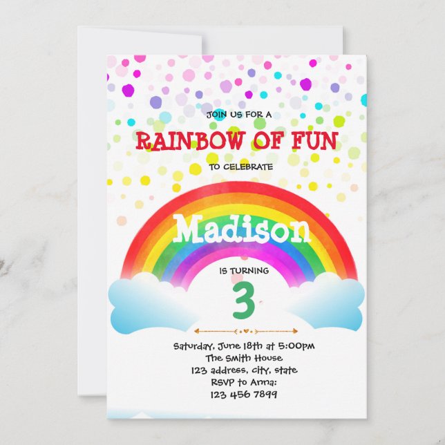 Invitation d'anniversaire arc-en-ciel mignonne (Devant)