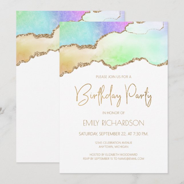 Invitation d'anniversaire Arc-en-ciel Pastel Or Ag (Devant / Derrière)