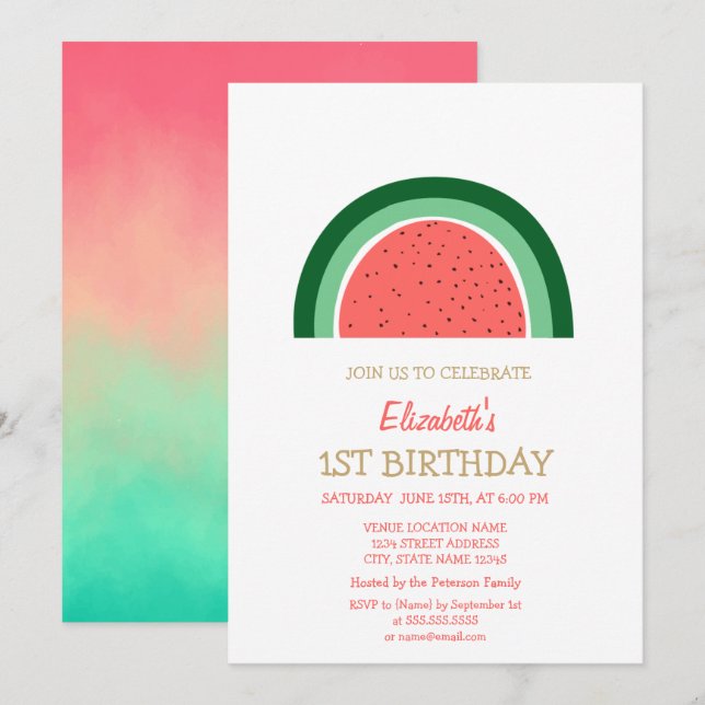 Invitation d'anniversaire arc-en-ciel pastèque mig (Devant / Derrière)