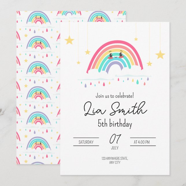 Invitation d'anniversaire Arc-en-ciel pour filles  (Devant / Derrière)