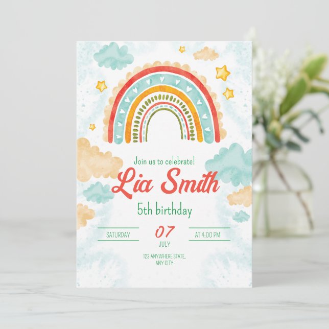 Invitation d'anniversaire arc-en-ciel pour filles  (Debout devant)