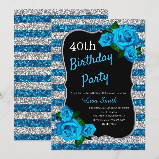 Invitation d'anniversaire Argent Bleu Rayures Pail (Devant / Derrière)