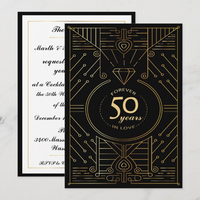 Invitation d'anniversaire Art Déco Exquis 50 ans (Devant / Derrière)