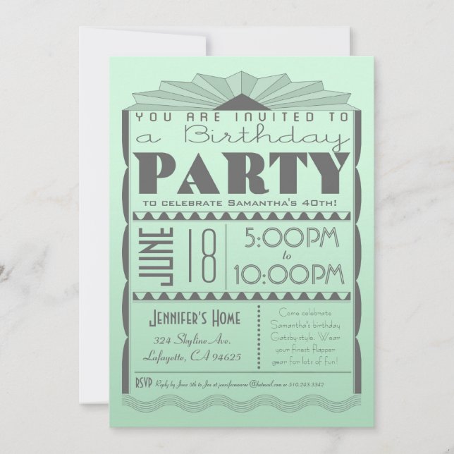 Invitation d'anniversaire Art Déco - Mention de st (Devant)