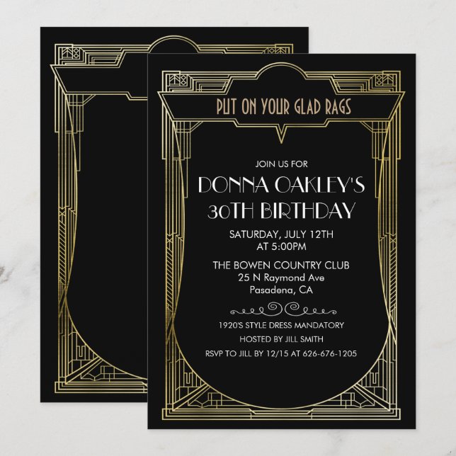 Invitation d'anniversaire Art Déco pour tout âge G (Devant / Derrière)