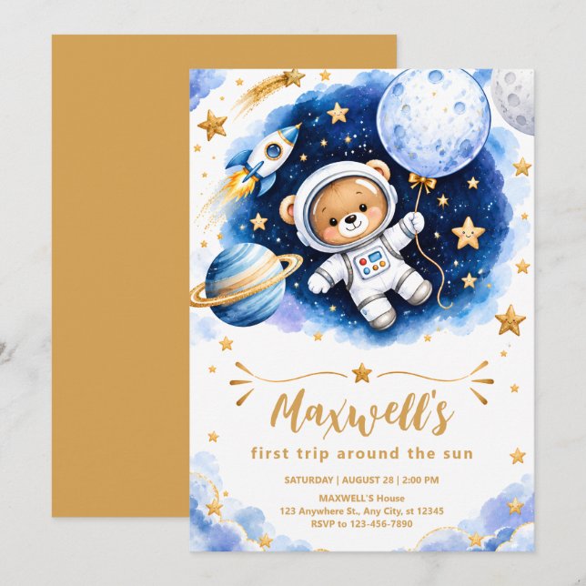 Invitation d'anniversaire Astronaute Espace 1ère a (Devant / Derrière)