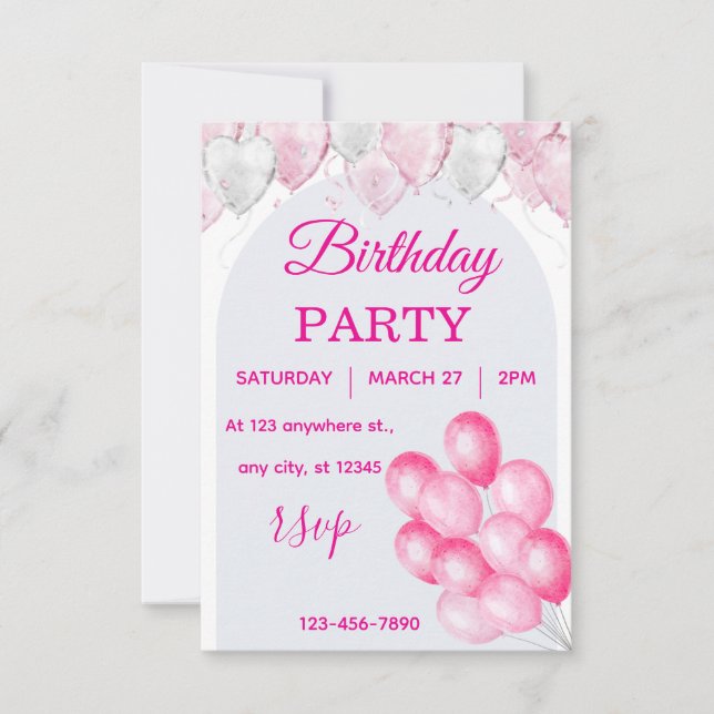 Invitation d'anniversaire au ballon rose aquarelle (Devant)