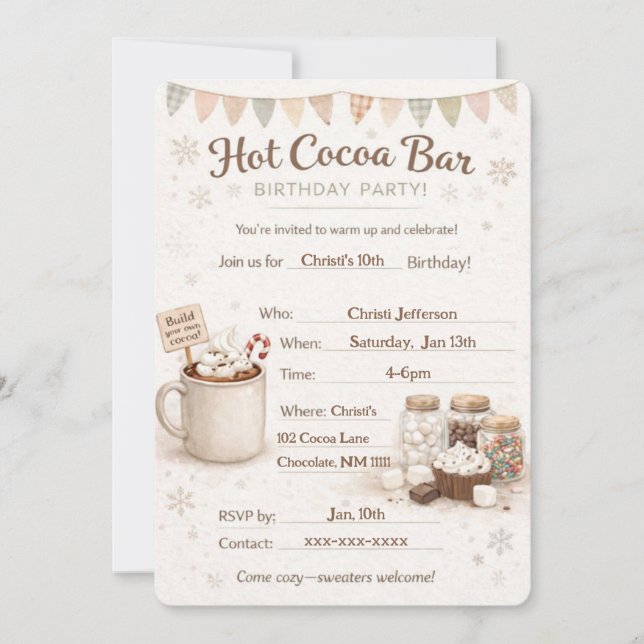 Invitation d'anniversaire au Bar de Chocolat Chaud (Devant)