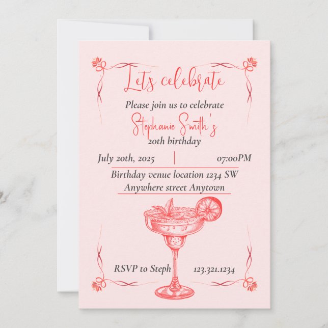 Invitation d'anniversaire au cocktail rose - Vibe  (Devant)