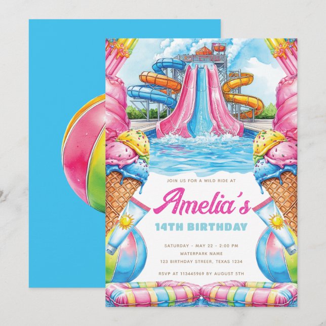 Invitation d'anniversaire au parc aquatique coloré (Devant / Derrière)