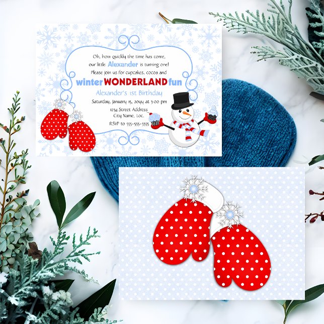 Invitation d'anniversaire au Pays des Merveilles d (Winter wonderland birthday party invitation, in blue and red, front and back view.)