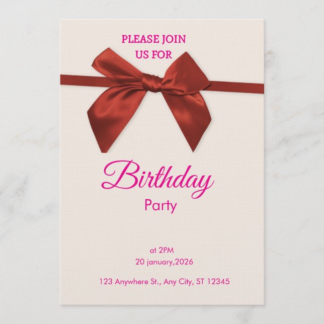 Invitation d'anniversaire au ruban rouge élégant  (Devant)