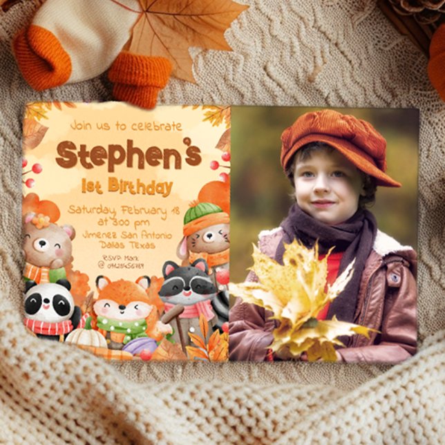 Invitation d'anniversaire Automne Woodlands avec p (Autumn Woodlands Birthday with Photo Invitation)