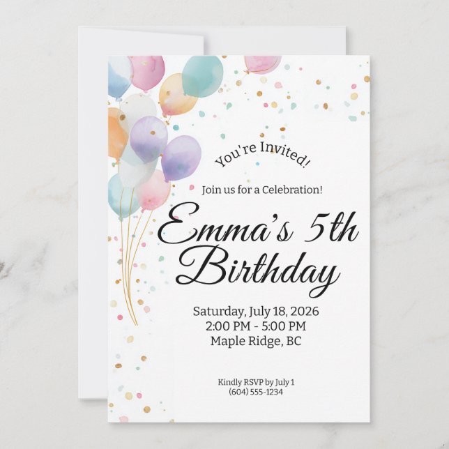 Invitation d'anniversaire aux ballons pastel (Devant)