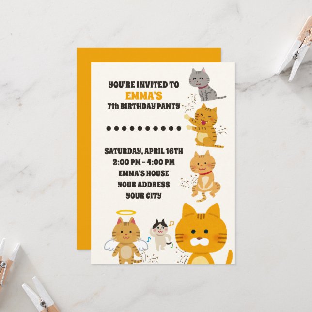 Invitation d'anniversaire aux chats mignons aquare (Devant/Arrière en situation)