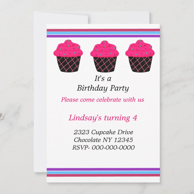 Invitation d'anniversaire aux cupcakes rose néon (Devant)