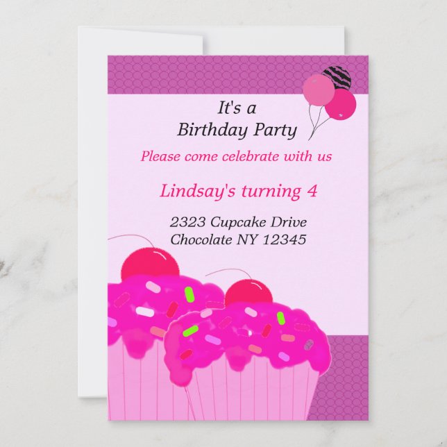 Invitation d'anniversaire aux cupcakes roses (Devant)