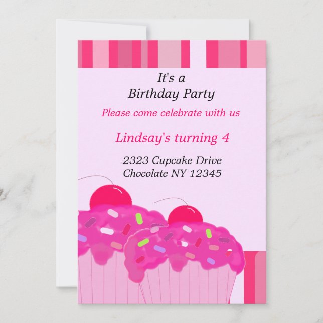 Invitation d'anniversaire aux cupcakes roses (Devant)