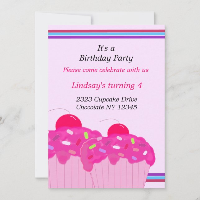 Invitation d'anniversaire aux cupcakes roses (Devant)
