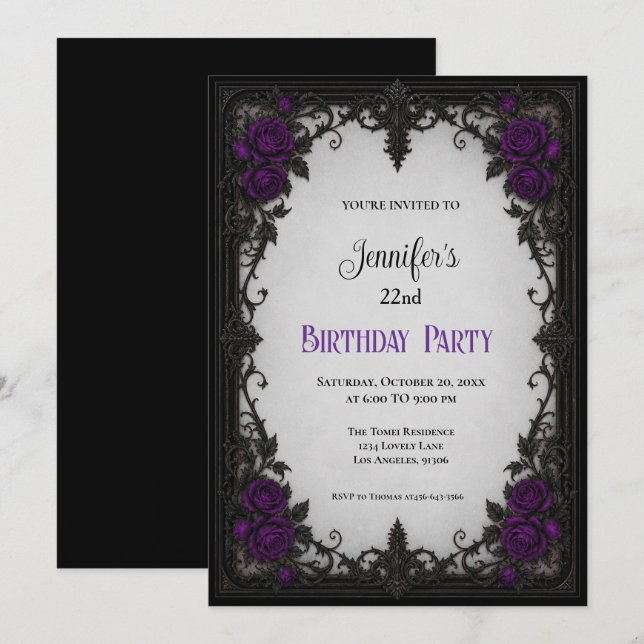 Invitation d'anniversaire aux élégantes roses viol (Devant / Derrière)