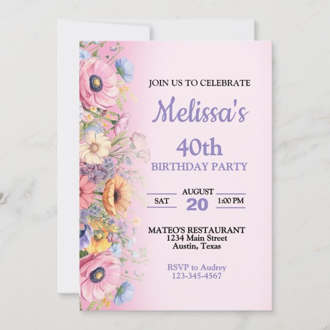 Invitation d'anniversaire aux fleurs pastel Belle (Devant)