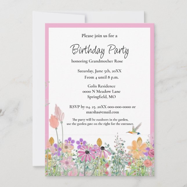 Invitation d'anniversaire aux fleurs sauvages rose (Devant)