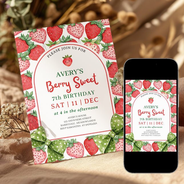 Invitation d'anniversaire aux fraises pour les 7 a (Créateur téléchargé)