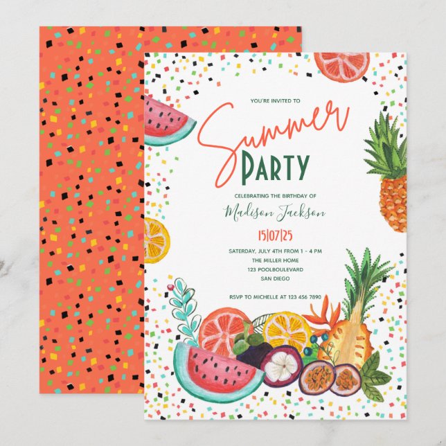 Invitation d'anniversaire aux fruits d'été Pastèqu (Devant / Derrière)