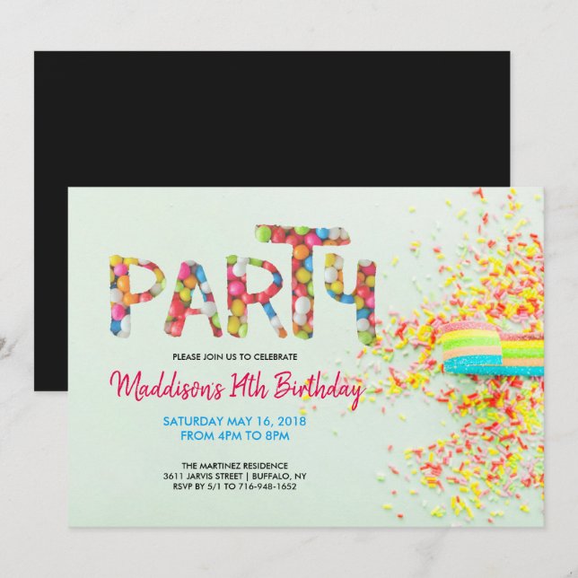 Invitation d'anniversaire aux paillettes (Devant / Derrière)