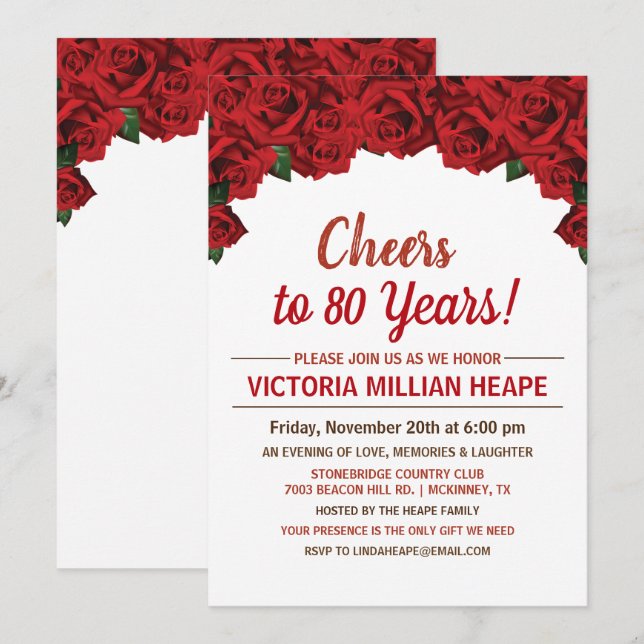 Invitation d'anniversaire aux roses rouges - TOUTE (Devant / Derrière)