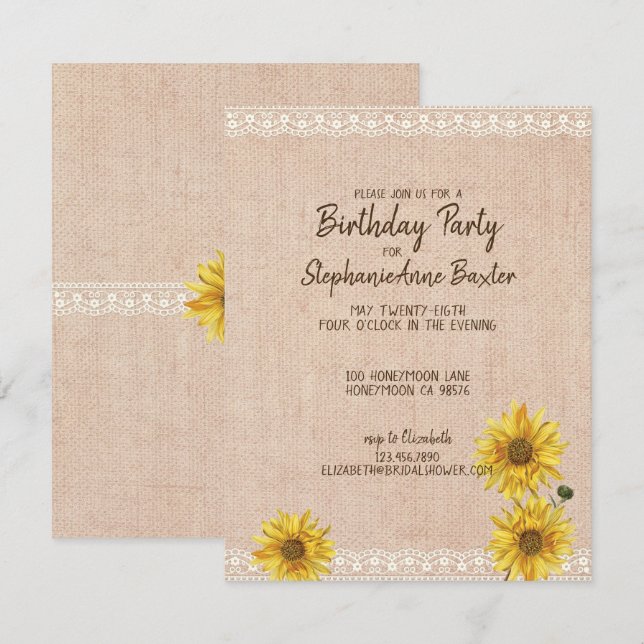 Invitation d'anniversaire aux tournesols en dentel (Devant / Derrière)