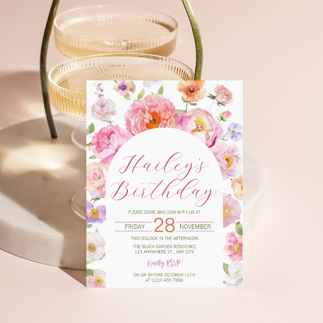 Invitation d'anniversaire avec arche florale en ca (Pink Calligraphy Floral Arch Birthday Party Invitation
)
