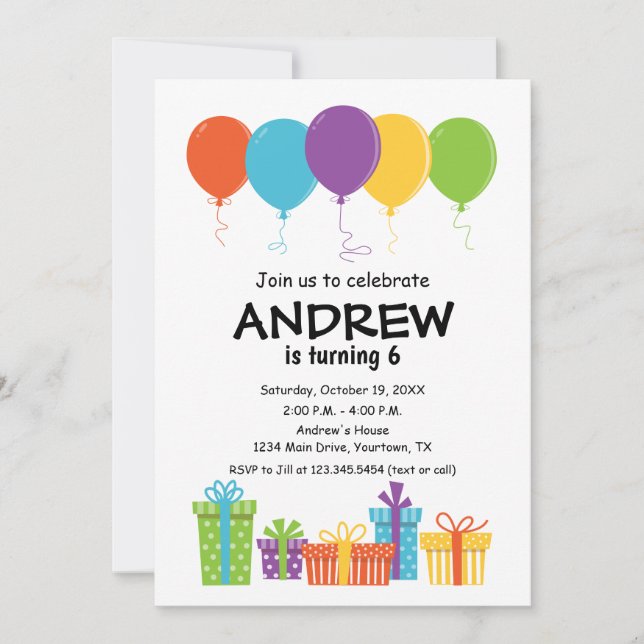 Invitation d'anniversaire avec ballon et cadeaux (Devant)