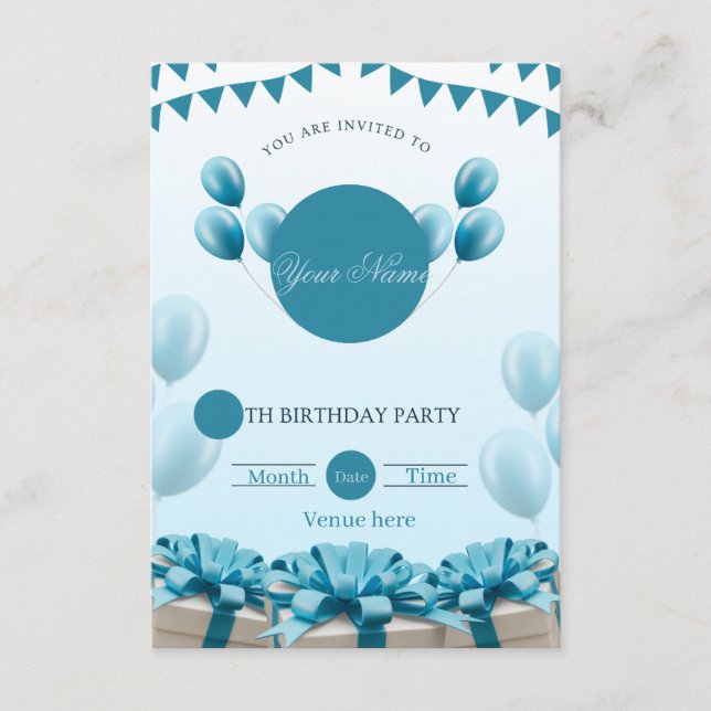 Invitation d'anniversaire avec ballons bleus festi (Devant)