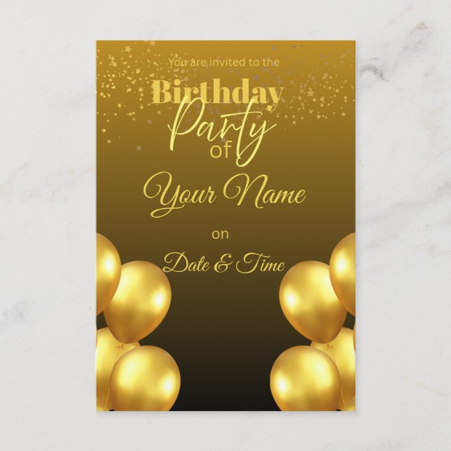 Invitation d'anniversaire avec ballons dorés luxue (Devant)