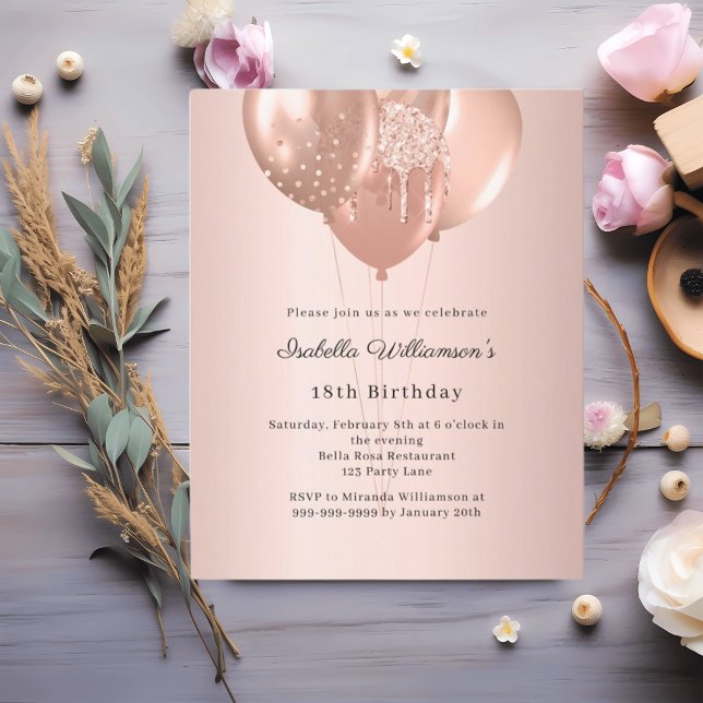 Invitation d'anniversaire avec ballons en or rose (Créateur téléchargé)
