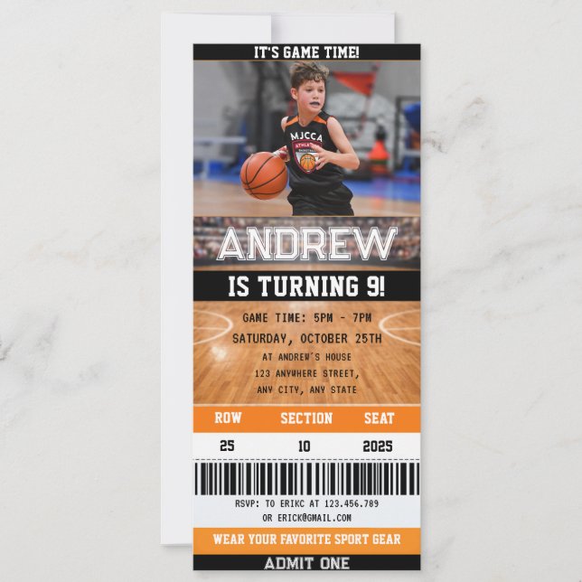 Invitation d'anniversaire avec billet de basketbal (Devant)