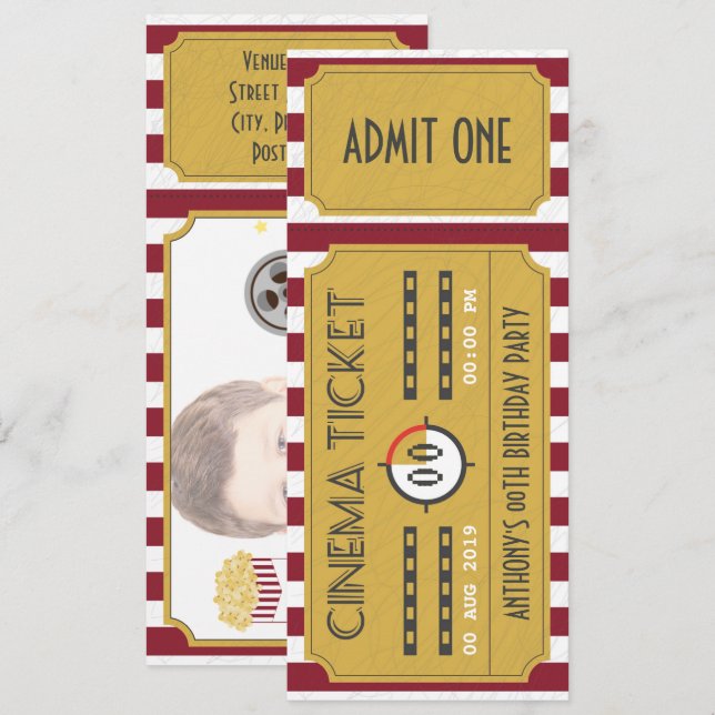 Invitation d'anniversaire avec billet de cinéma aj (Devant / Derrière)