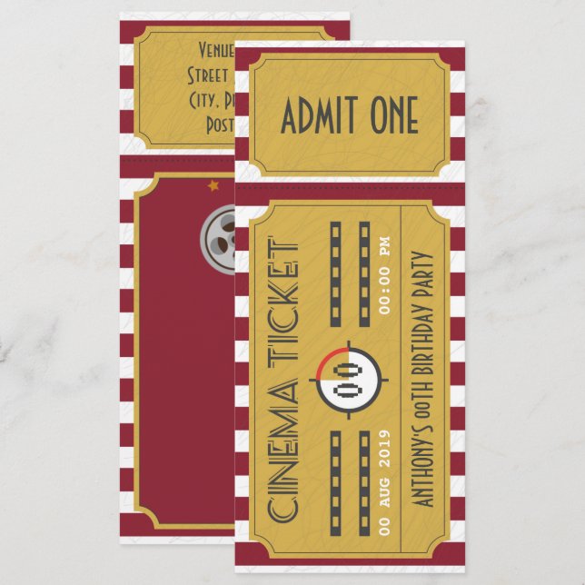 Invitation d'anniversaire avec billet de cinéma et (Devant / Derrière)